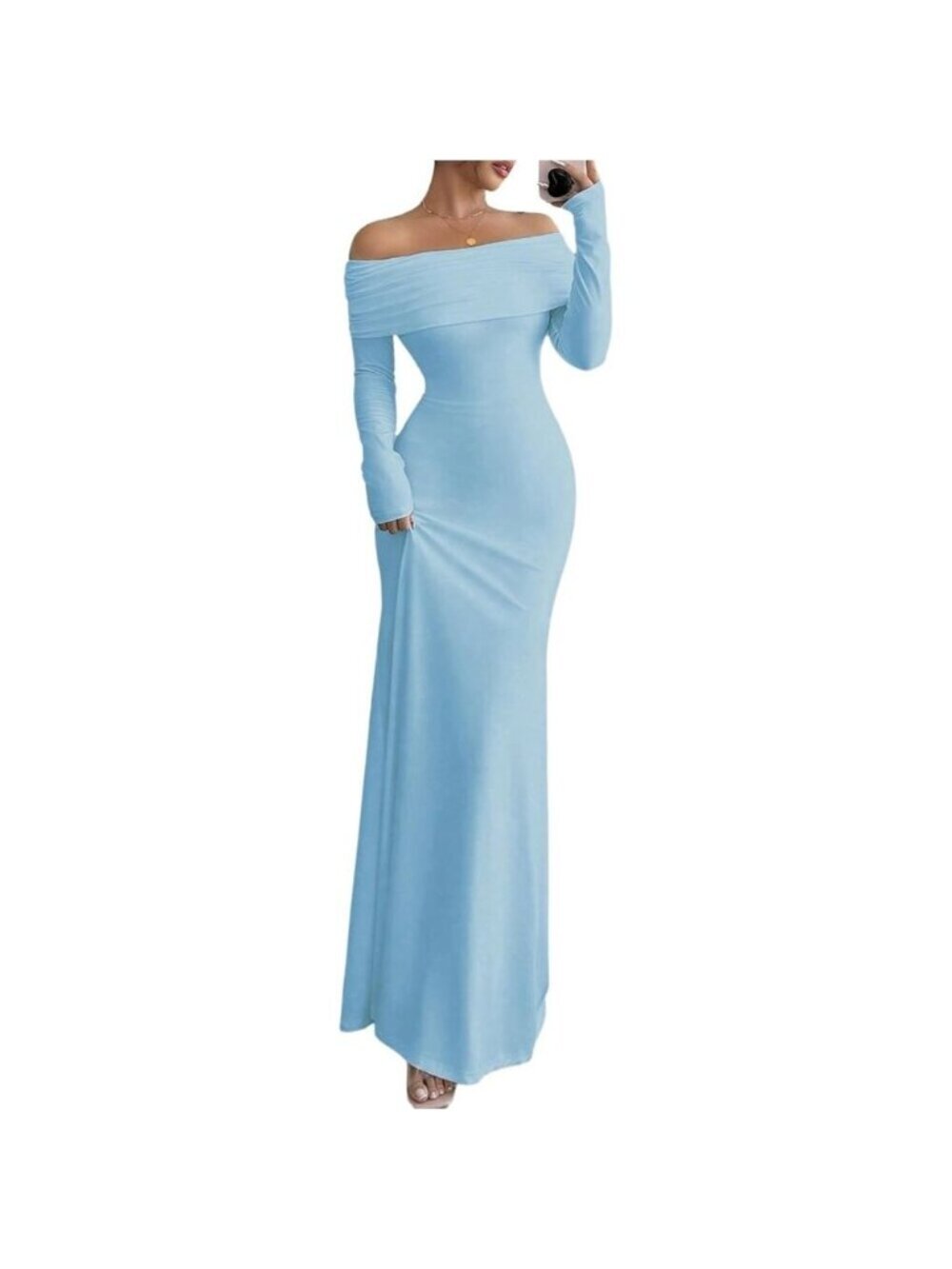 Women's Light Blue Long Sleeve Off The Shoulder Bodycon Dress Elegant Maxi Dress